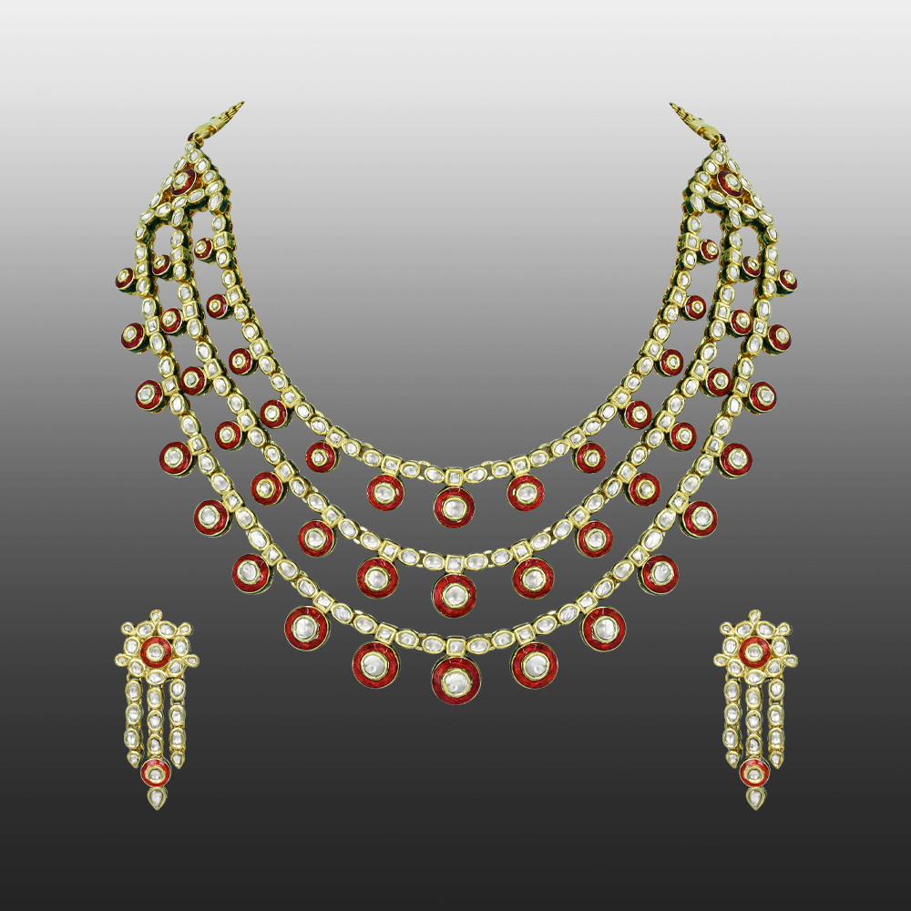 Layered Polki Necklace Set with Red Enamel and Circular Motifs